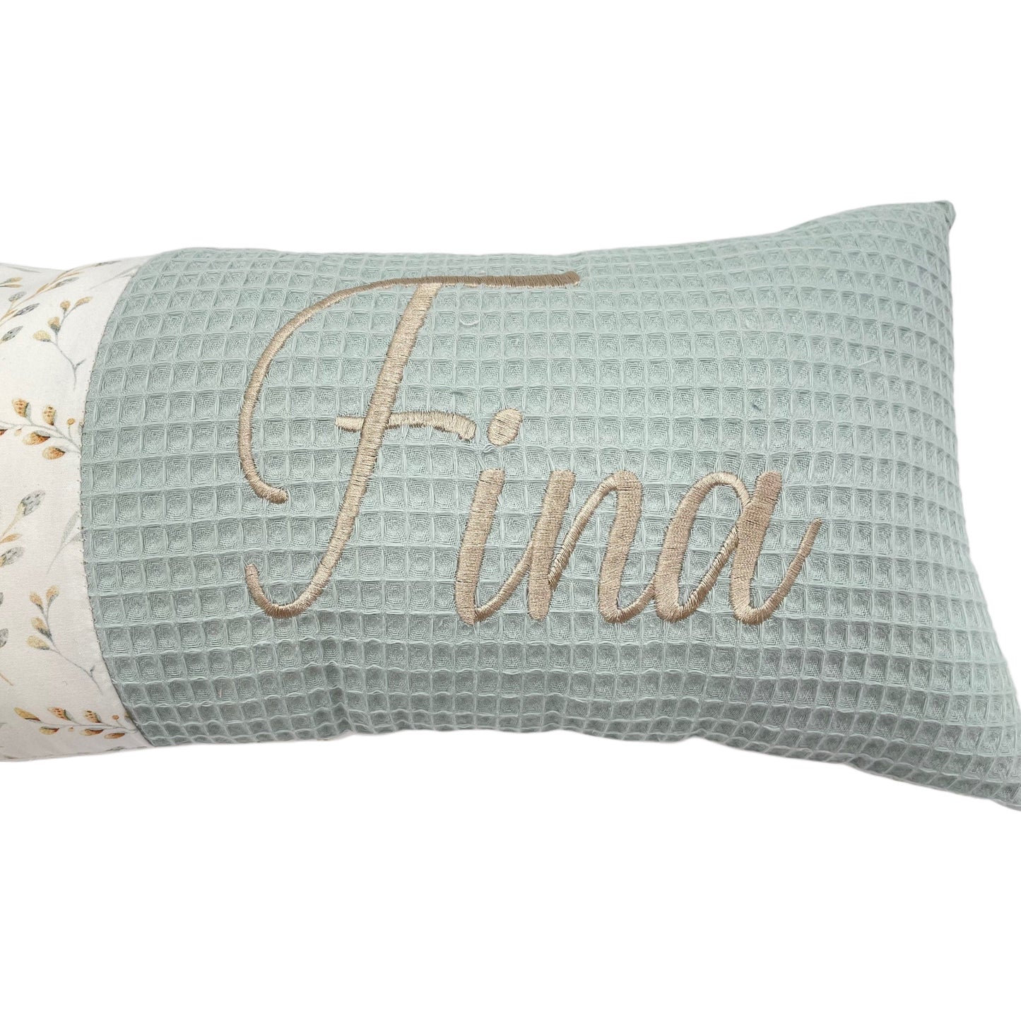 Baby Kissen mit Name, Geburtskissen, mint/ Weidekätzchen