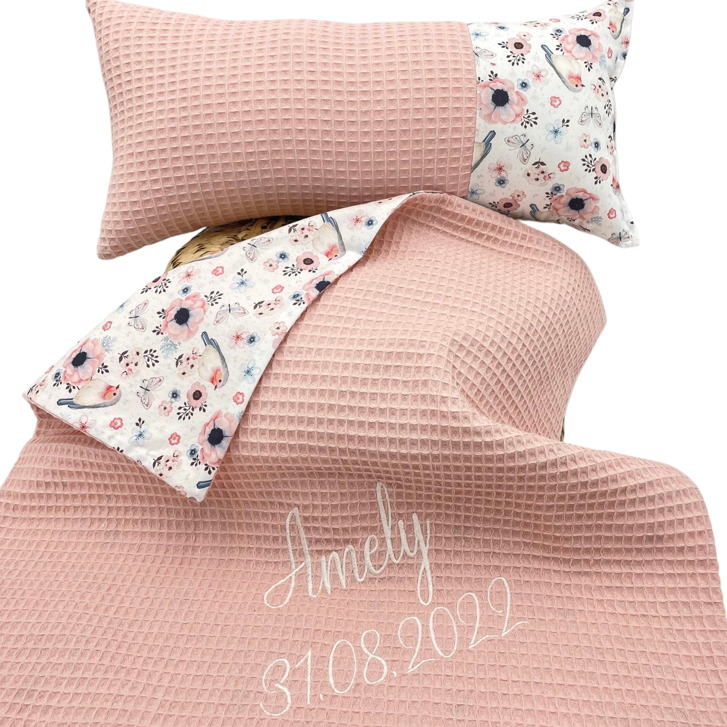 Babydecke mit Name rosa/ Vögelchen