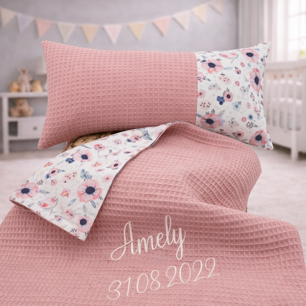 Babydecke  mit Name rosa/ Vögelchen