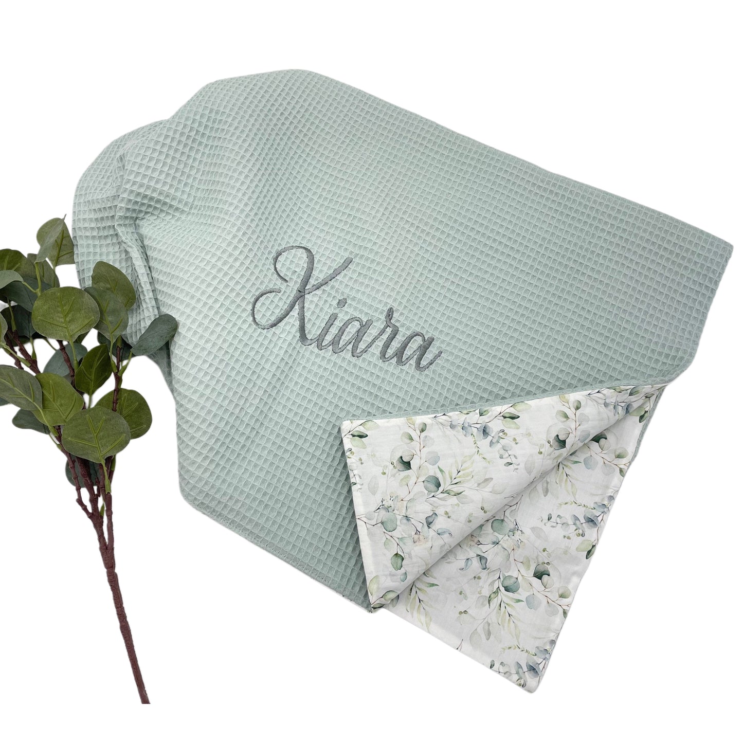 Babydecke mit Name mint/ Eukalyptus