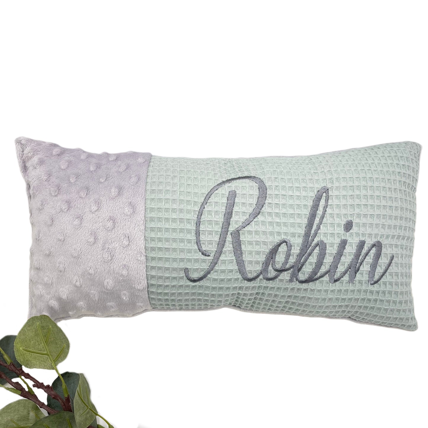 Baby Kissen mit Name, Geburtskissen, grau/ mint