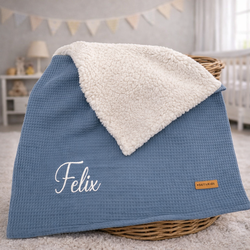 Kuscheldecke Teddy mit Namen dunkles jeansblau
