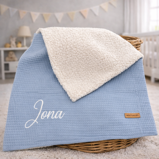 Kuscheldecke Teddy mit Name rauchblau