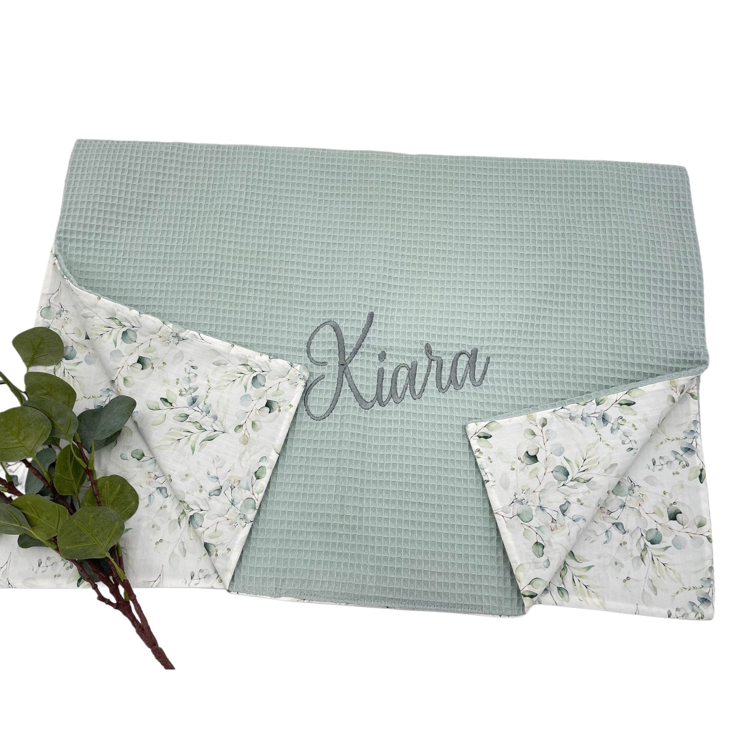 Babydecke mit Name mint/ Eukalyptus