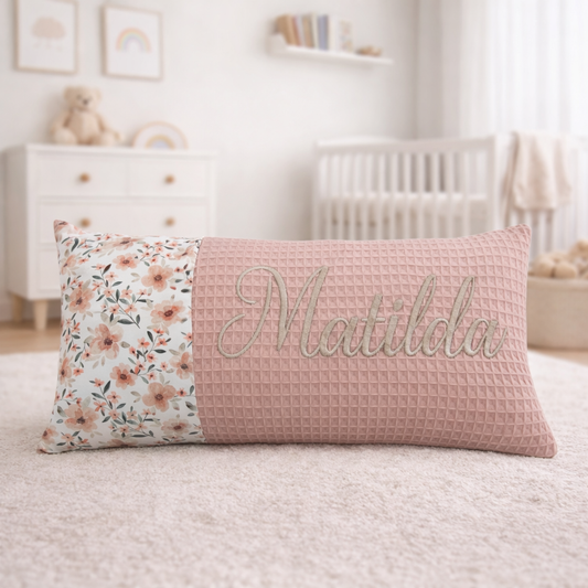 Baby Kissen mit Name, Geburtskissen, Quitte/ rosa,