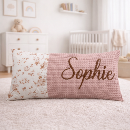 Baby Kissen mit Name, Geburtskissen, rosa/ Hortensien