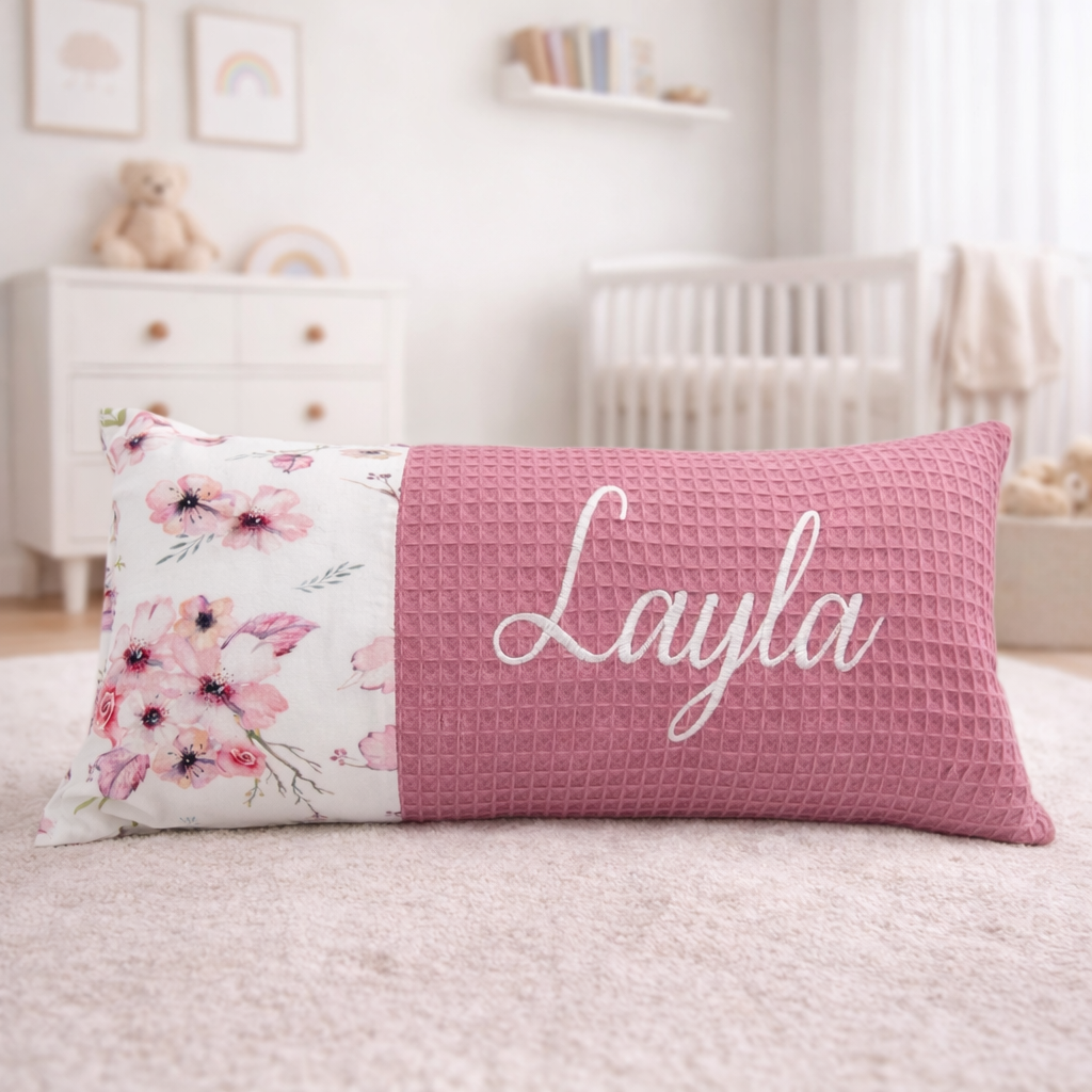 Baby Kissen mit Name, Geburtskissen, Blumenbouquet/ beere