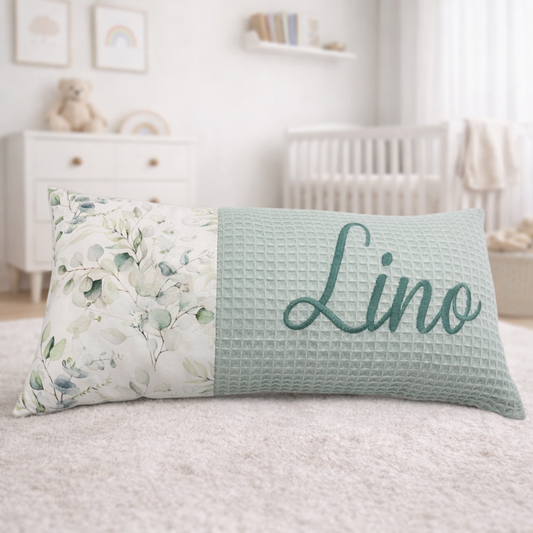 Baby Kissen mit Name, Geburtskissen, Eukalyptus/ altgrün hell