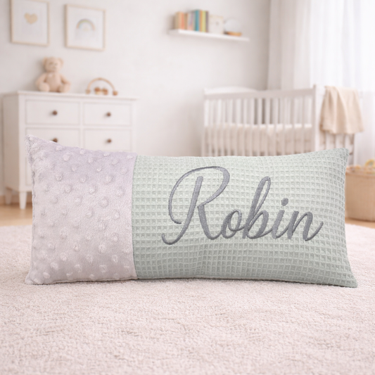 Baby Kissen mit Name, Geburtskissen, grau/ mint
