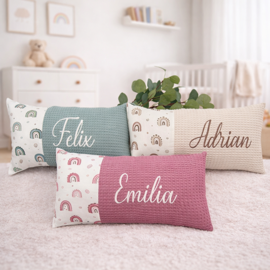 Baby Kissen mit Name, Geburtskissen, Regenbogen