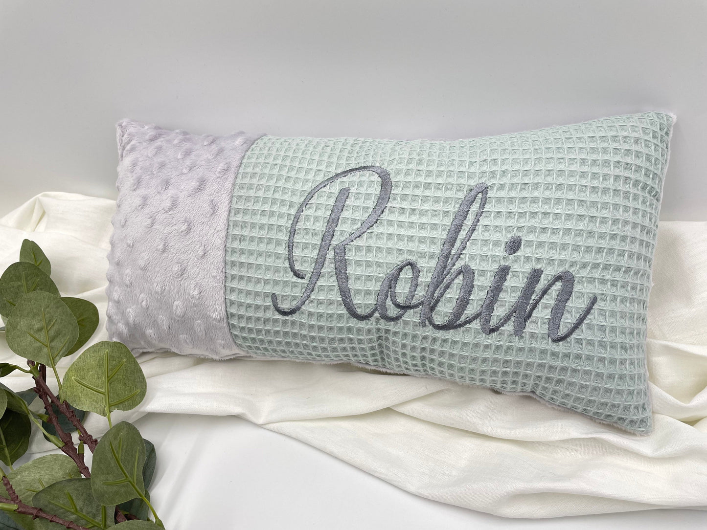 Baby Kissen mit Name, Geburtskissen, grau/ mint